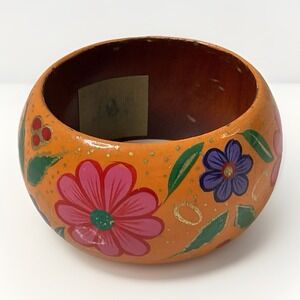 Vintage Wooden Bangle Bracelet Painted Flowers Wide Chunky